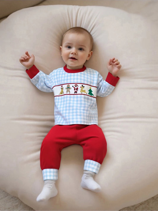 Kids 2-Piece Christmas Pajama Set with Long Sleeve Embroidered Top and Pants for Boys Sleepwear Outfit