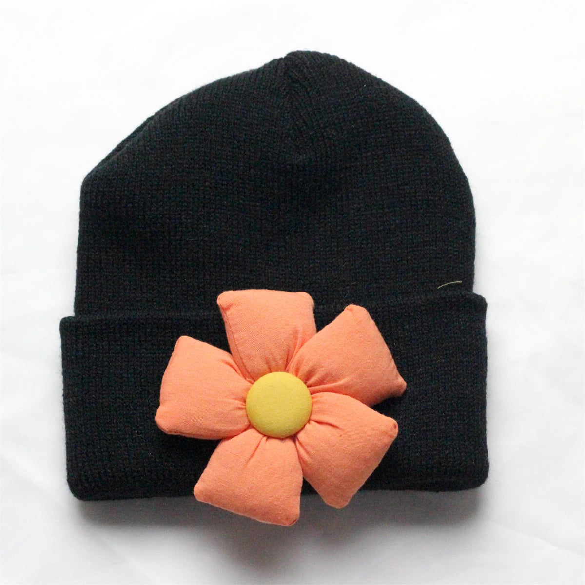 Flower Winter Knitted Hat for Baby Girl Hair Accessories Newborn Cute Winter Crochet Beanie with Fabric Sun Flower Infant Bonnet