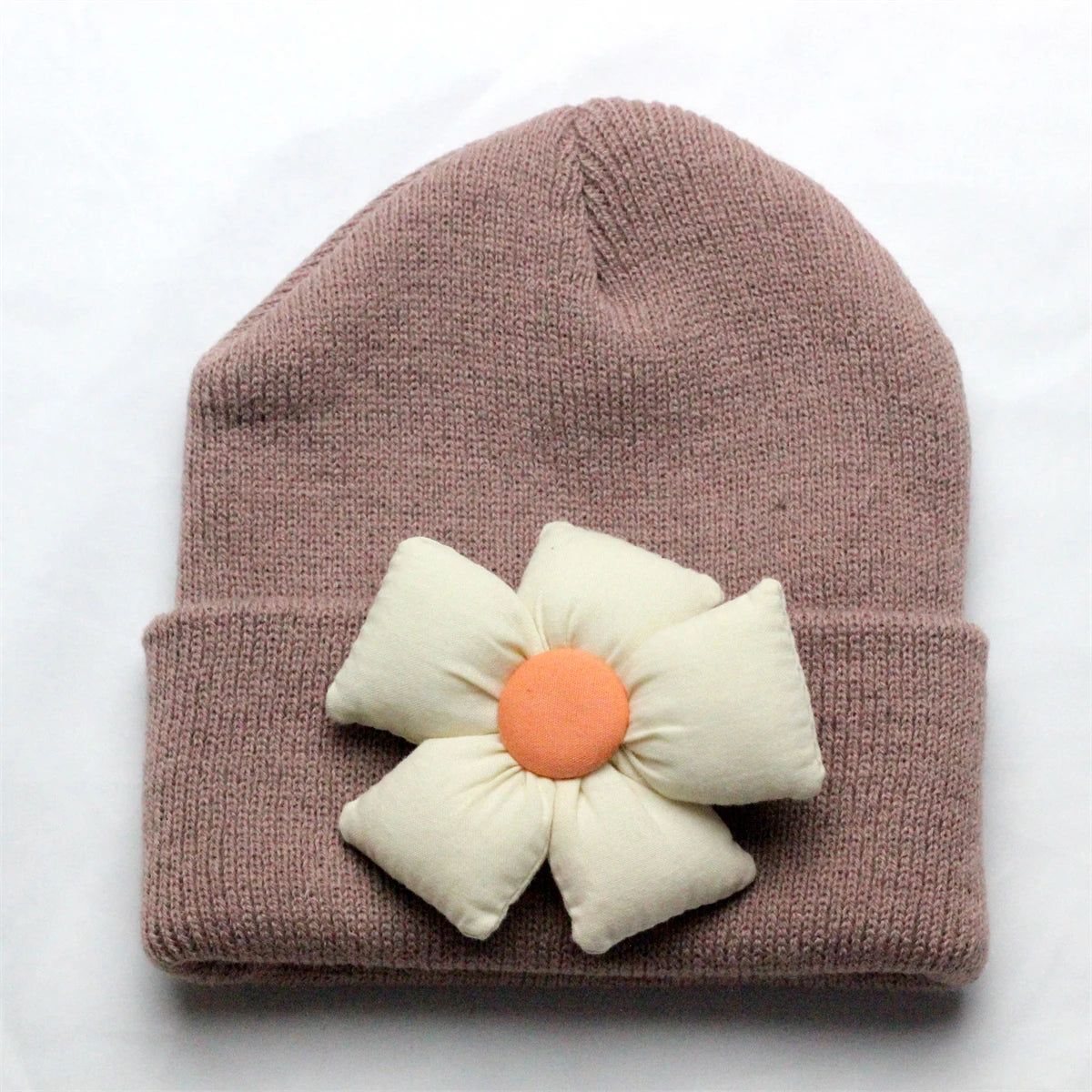 Flower Winter Knitted Hat for Baby Girl Hair Accessories Newborn Cute Winter Crochet Beanie with Fabric Sun Flower Infant Bonnet