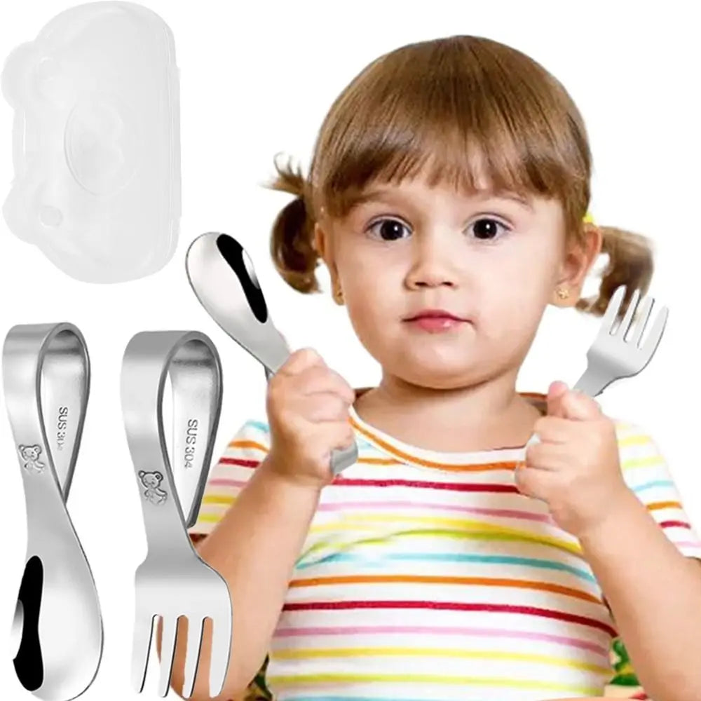 Stainless Steel Baby Forks and Spoons Set with Storage Box Curved Handle Cute Training Spoon Fork Food-grade Portable