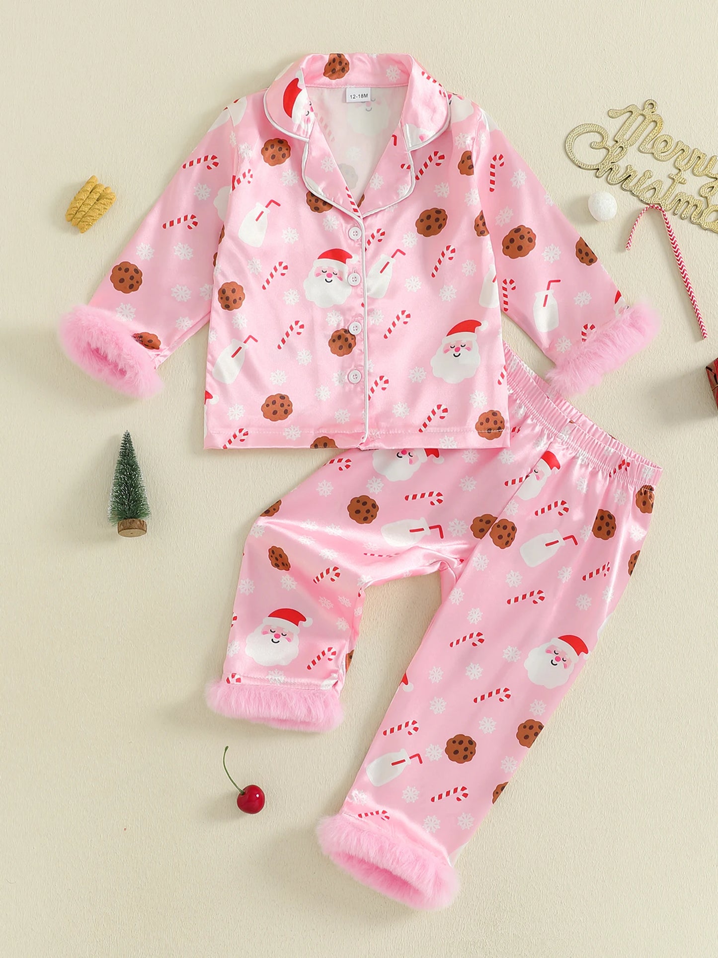 Christmas Toddler Girl Satin Pajamas Set with Reindeer Print Lapel Long Sleeve Button Down Tops and Pants Sleepwear for Winter