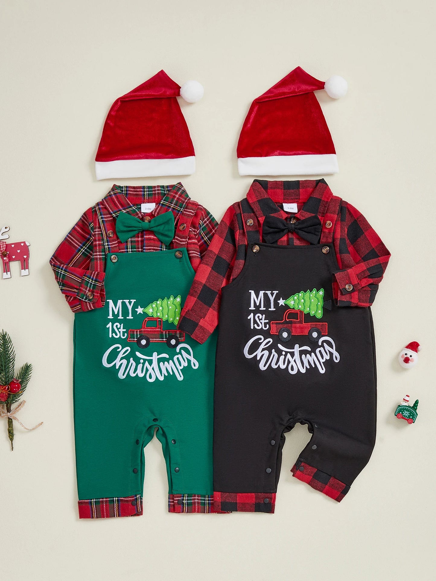 Toddler Boy Winter Outfit Plaid Shirt Long Sleeve Overalls Pants and Hat 3Pcs Christmas Clothes Set Letter Embroidery Jumpsuit