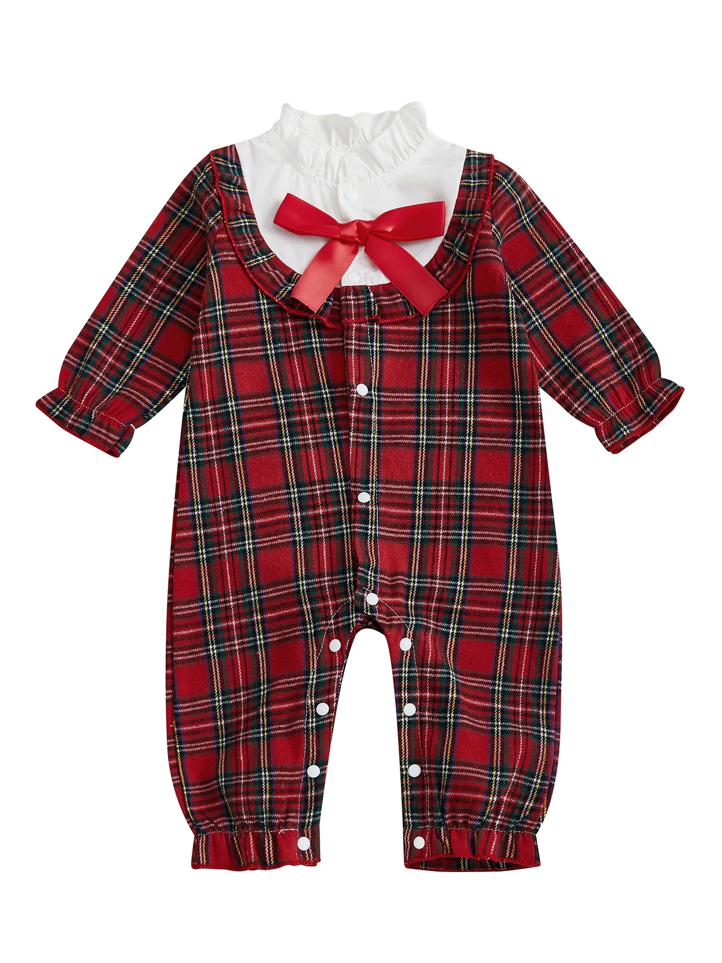 Toddler Christmas Plaid Overall Ruffle Collar Long Sleeve Button Front  Jumpsuit with Full Length Legs