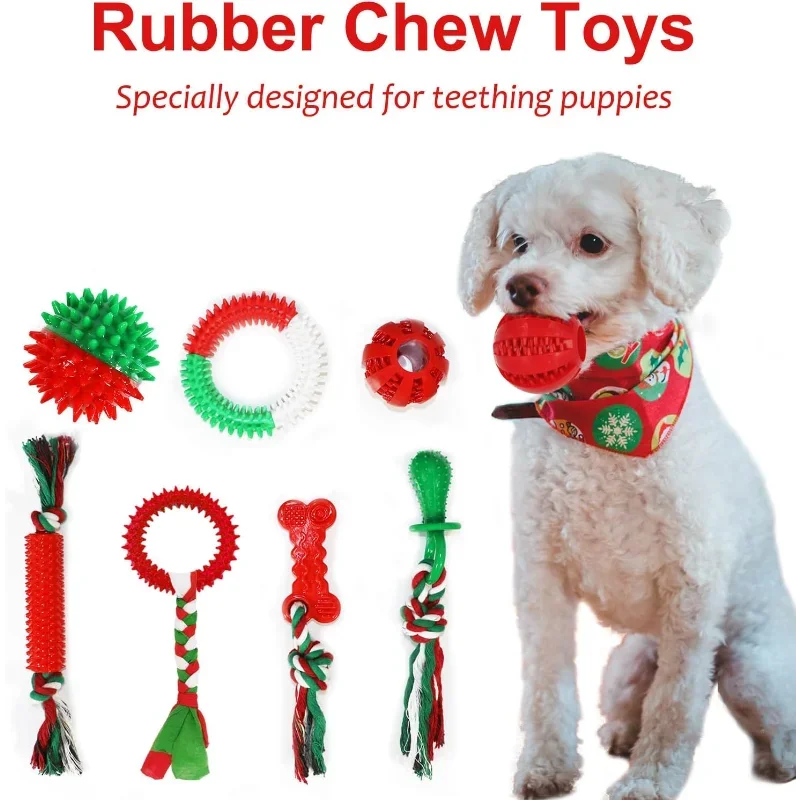 Christmas Dog Toys Bulk 15 Pack, Puppy Chew Toys for Teething Small Medium Puppies Including Variety Tough Rubber and Rope Toys