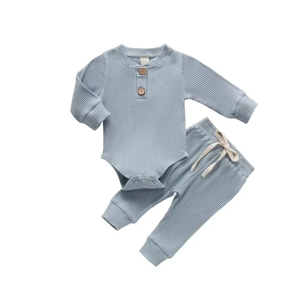 Spring Autumn Newborn Infant 2PCs Clothes Set for Boys & Girls Ribbed/Plaid/Solid Long Sleeve Bodysuit + Elastic Pants