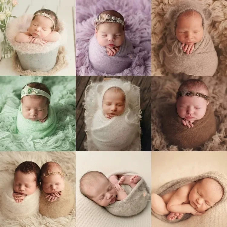 Baby Swaddling  Blanket Newborn Photography Receiving Stretchable Wool Wrap Handmade Hat Photo Shooting Accessories