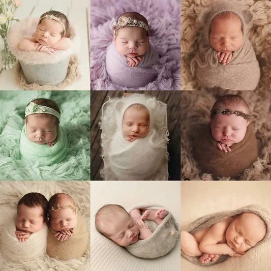 Baby Swaddling  Blanket Newborn Photography Receiving Stretchable Wool Wrap Handmade Hat Photo Shooting Accessories