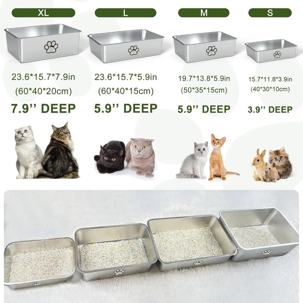 Stainless Steel Cat Litter Box High Side, XL Metal Litter Pan with Bling Paw, Kitten Toilet Pet Cleaning Tool for Big & Small Ca