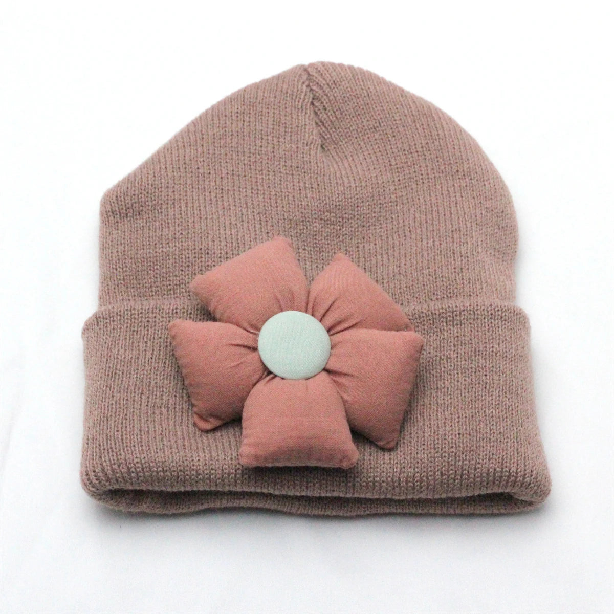 Flower Winter Knitted Hat for Baby Girl Hair Accessories Newborn Cute Winter Crochet Beanie with Fabric Sun Flower Infant Bonnet