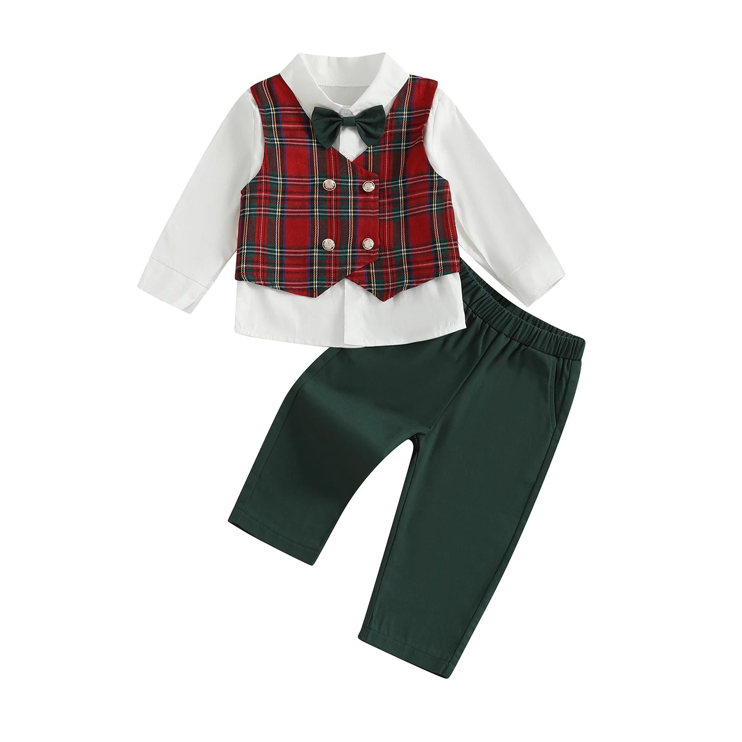 Baby Boy Formal Suit Set with Bow Tie Button-up Shirt Plaid Vest and Elastic Pants for Christmas Party or Special Occasions