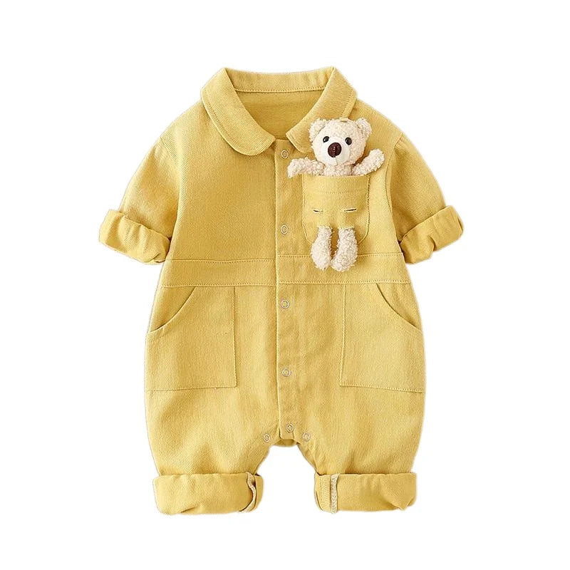 Spring Denim Baby Jumpsuit Cartoon Pocket Bear Romper for Boys Girls Newborn Overalls Korean Style Onesie Autumn Kids Clothing