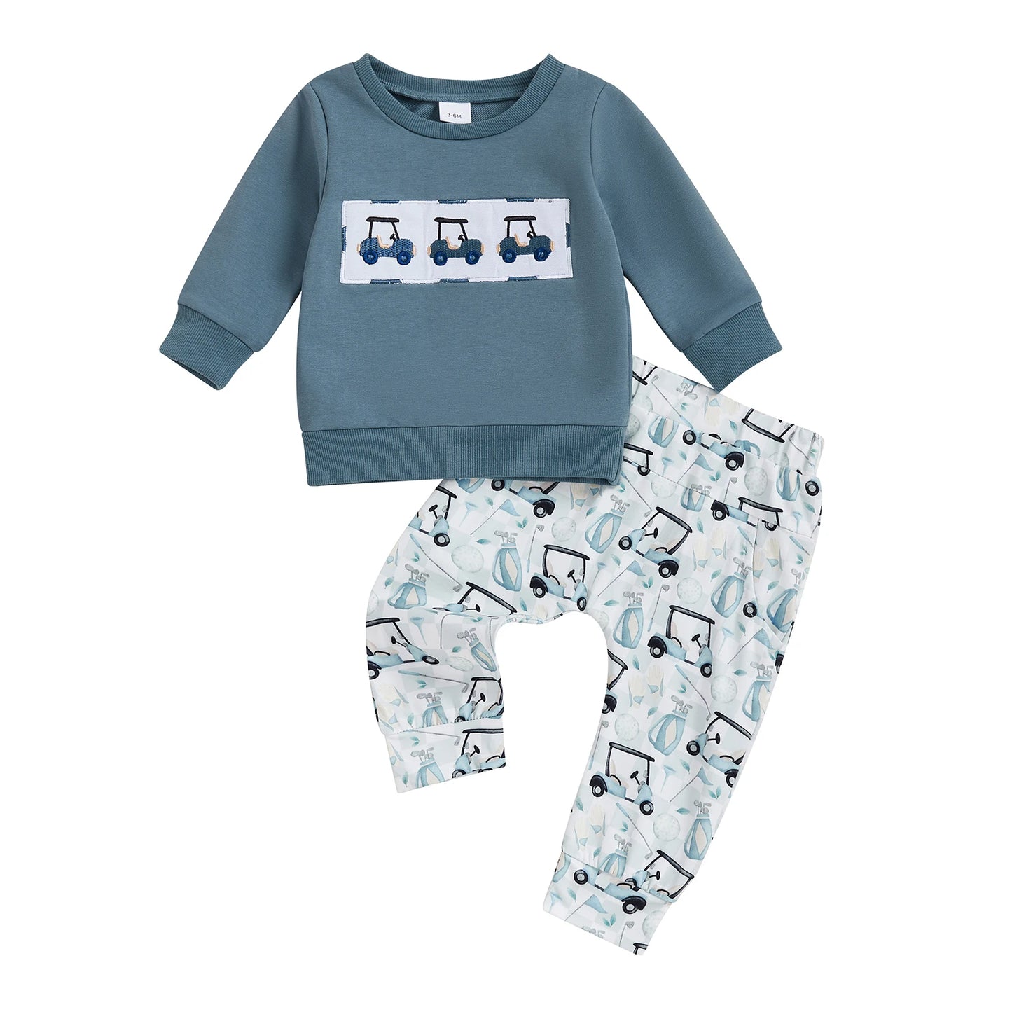 Boys Autumn Apparel Cozy Golf Carts Embroidered Sweatshirt and Pants Set for Toddlers 2-Piece Outfit for Fall