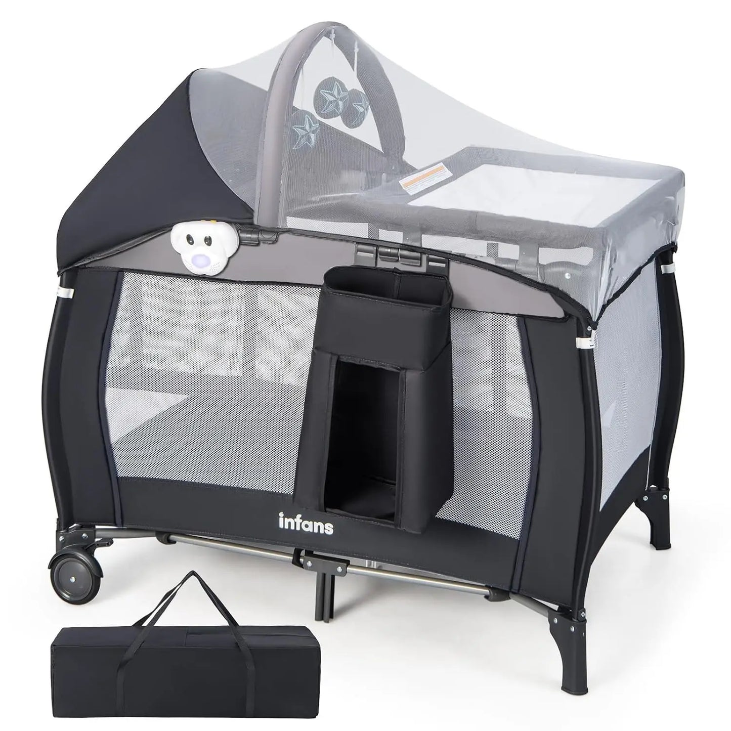 4 in 1 Pack and Play, Portable Travel Baby Playard with Bassinet, Changing Table, Canopy, Mosquito Net, Hanging Toys,