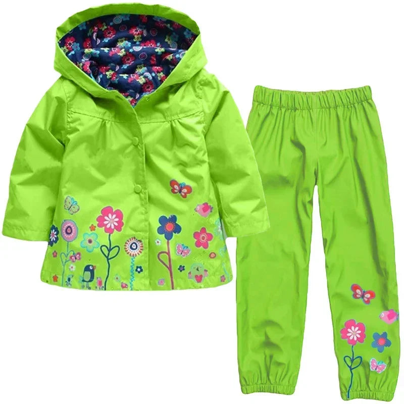 2PCS Unisex Toddler Waterproof Outfit - Spring Autumn Long-Sleeve Flower Print Coat & Pants