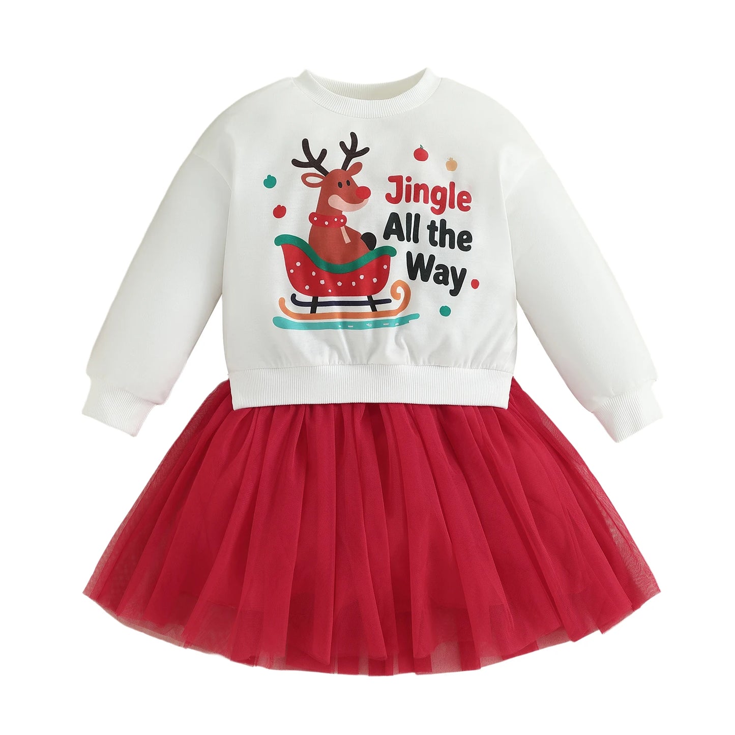 Girls Christmas Dress with Snowflake Print and Bow Detail Round Neck Long Sleeves Tulle Patchwork Dress