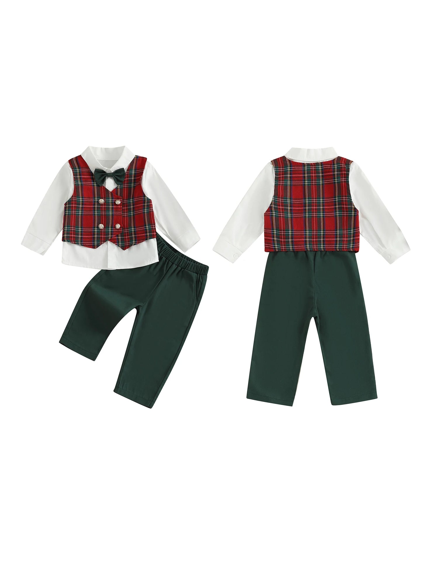 Baby Boy Formal Suit Set with Bow Tie Button-up Shirt Plaid Vest and Elastic Pants for Christmas Party or Special Occasions