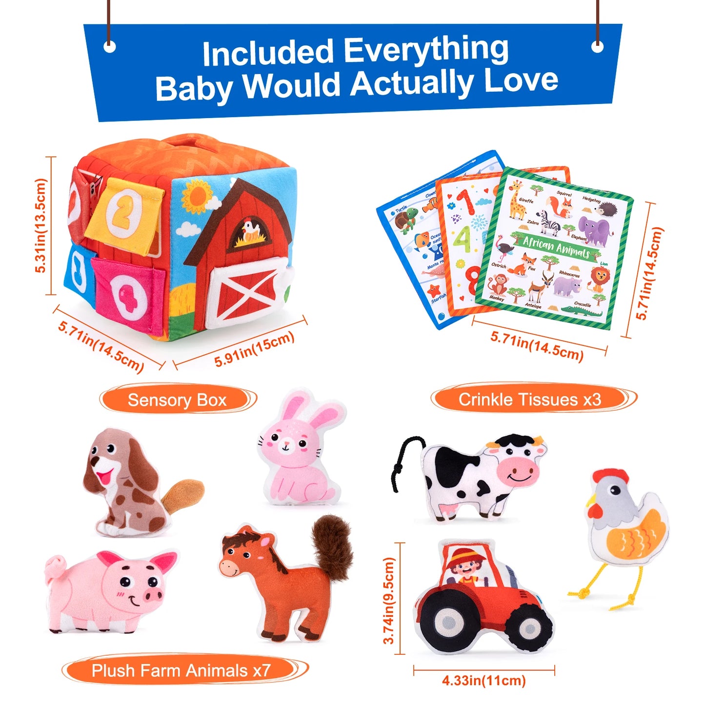 Baby Soft Plush Animal Tissues Box Simulated Farm Animals House Set with Sound Toddler Sensory Cognition Toys Montessori Toys