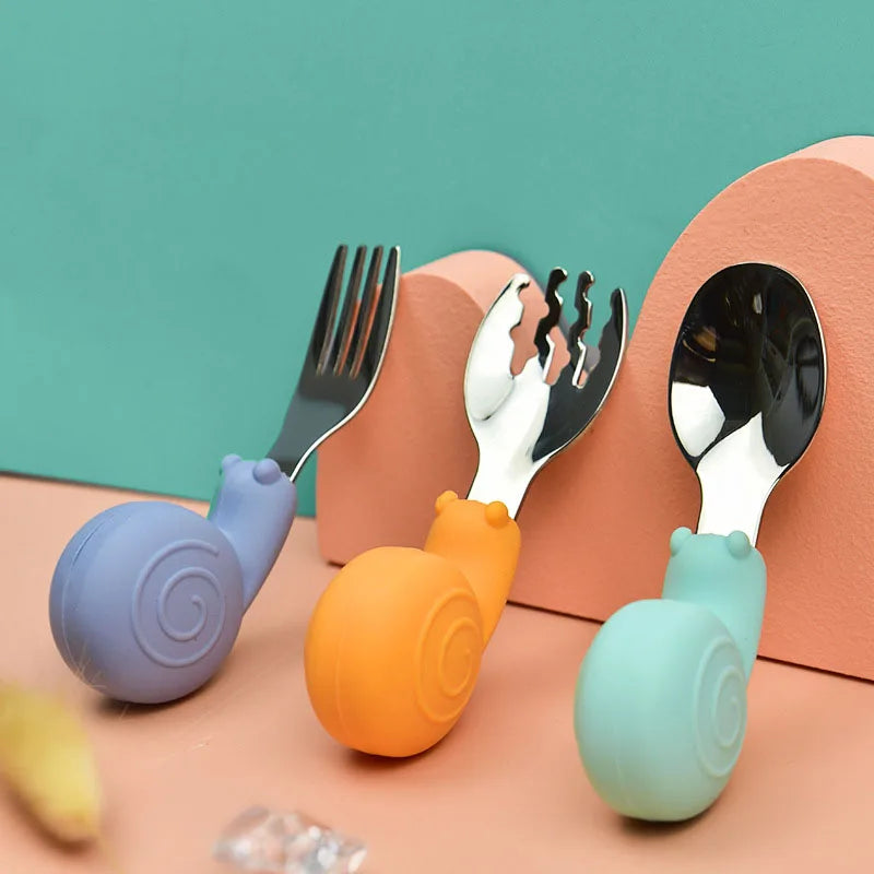 Snail Baby Tableware Set Stainless Steel Toddler Dinnerware Cutlery Cartoon Infant Food Feeding Spoon Fork Children Utensil