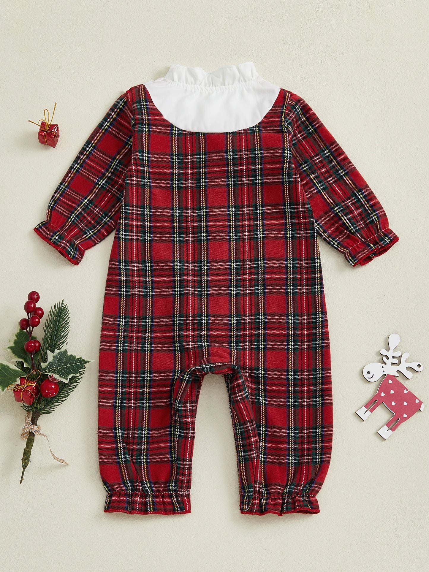 Toddler Christmas Plaid Overall Ruffle Collar Long Sleeve Button Front  Jumpsuit with Full Length Legs