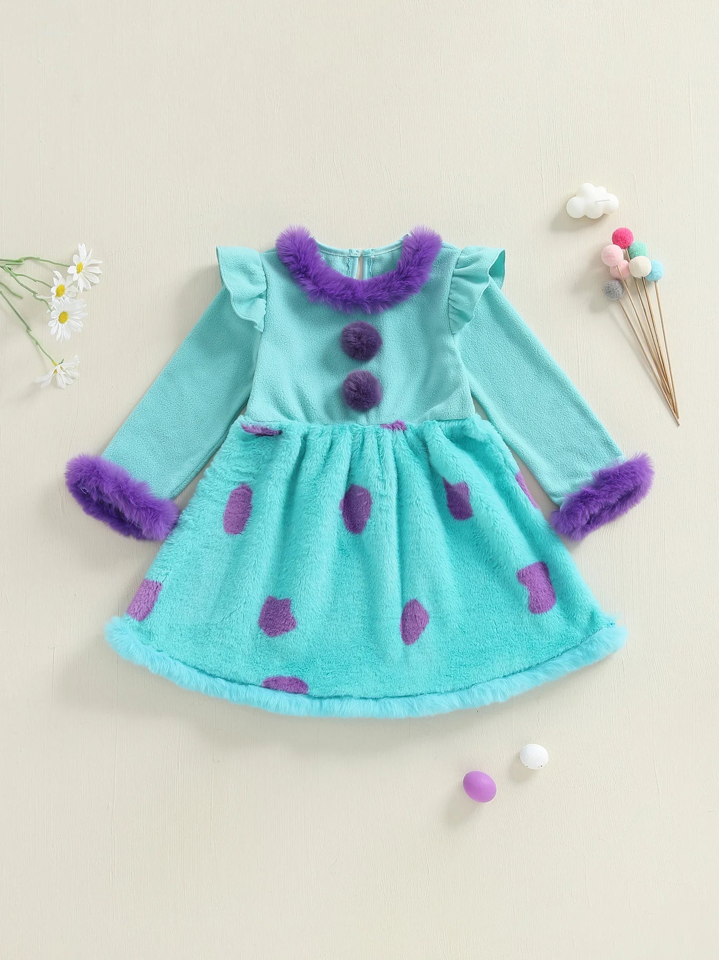 Cute Baby Girl Winter Fleece Dress Polka Dot Pattern Warm Round Neck Long Sleeve Party A-Line Dress for Toddler