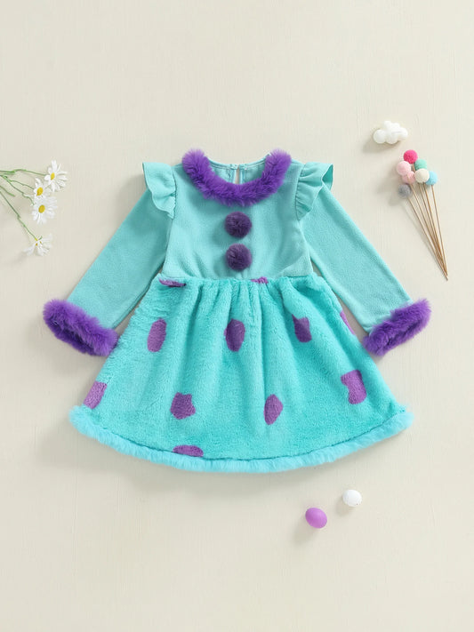 Cute Baby Girl Winter Fleece Dress Polka Dot Pattern Warm Round Neck Long Sleeve Party A-Line Dress for Toddler