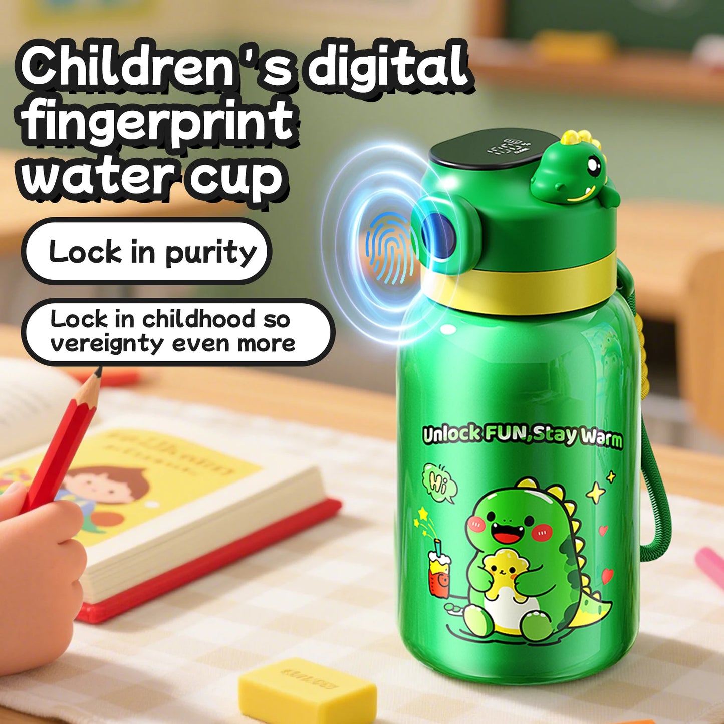 316 Stainless Steel Children's Fingerprint Embossed Insulated Water Bottle Stylish Student Portable Design Dual-Use Straw Cup