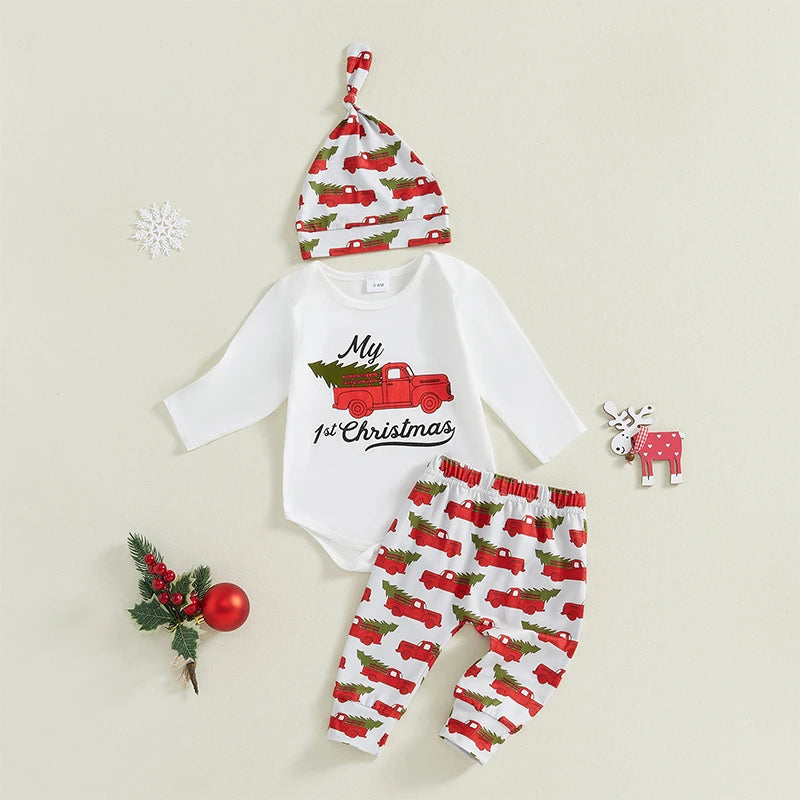 3Pcs Baby Christmas Outfits Long Sleeve Truck Print Romper Pants Hat Set Infant Clothes