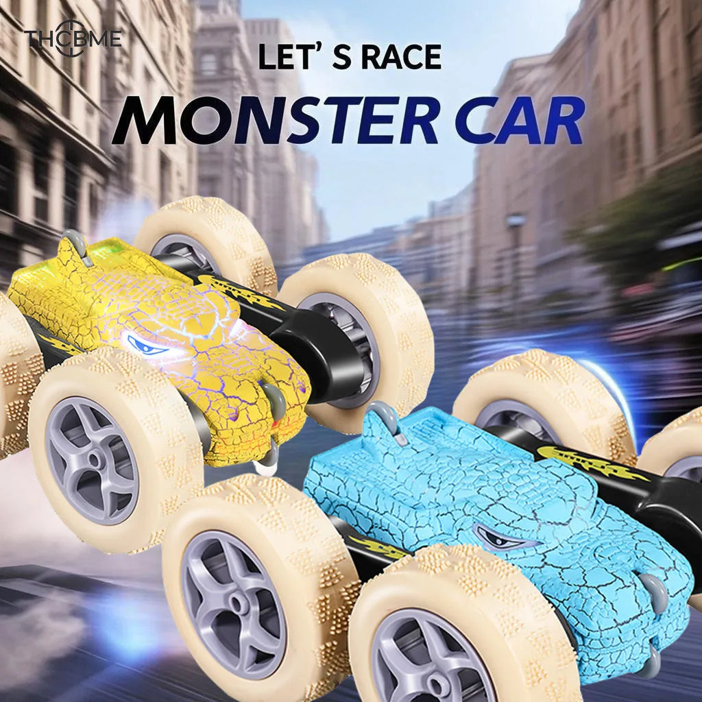 【local warehouse】Set of 2 new crack dinosaur remote control car, double side light with stunt, high speed reversible,toys for bo