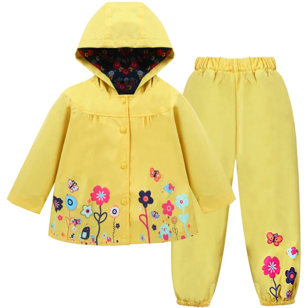 2PCS Unisex Toddler Waterproof Outfit - Spring Autumn Long-Sleeve Flower Print Coat & Pants