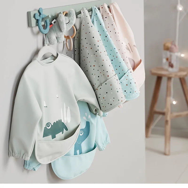 2025 New Baby Infant Eating Clothes PU Kids Smock Bib Long Sleeve Waterproof Oil-proof Food Pocket Easy To Clean