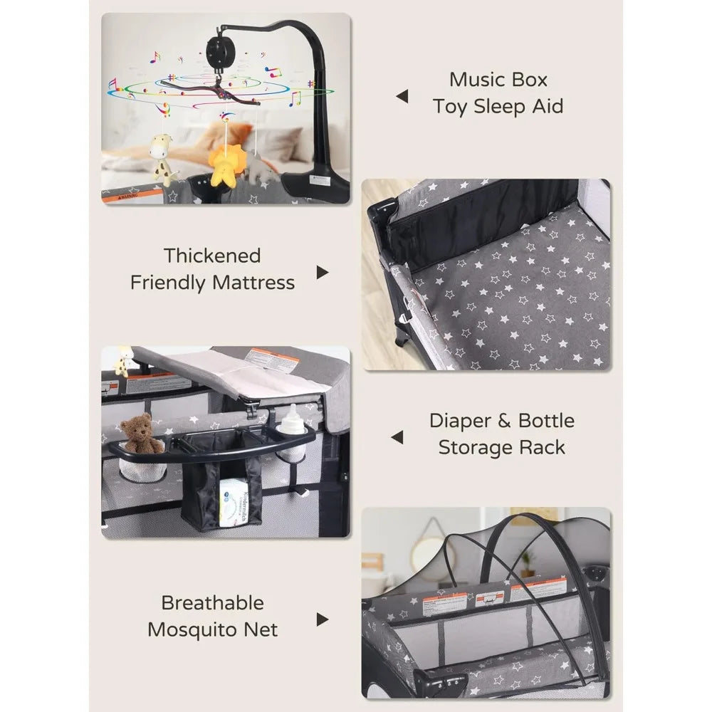 Bedside Bassinet for Baby, Portable Baby Crib with Mosquito Net, Mattress, Diaper Changer, Playpen for Newborn to Toddles, Pack