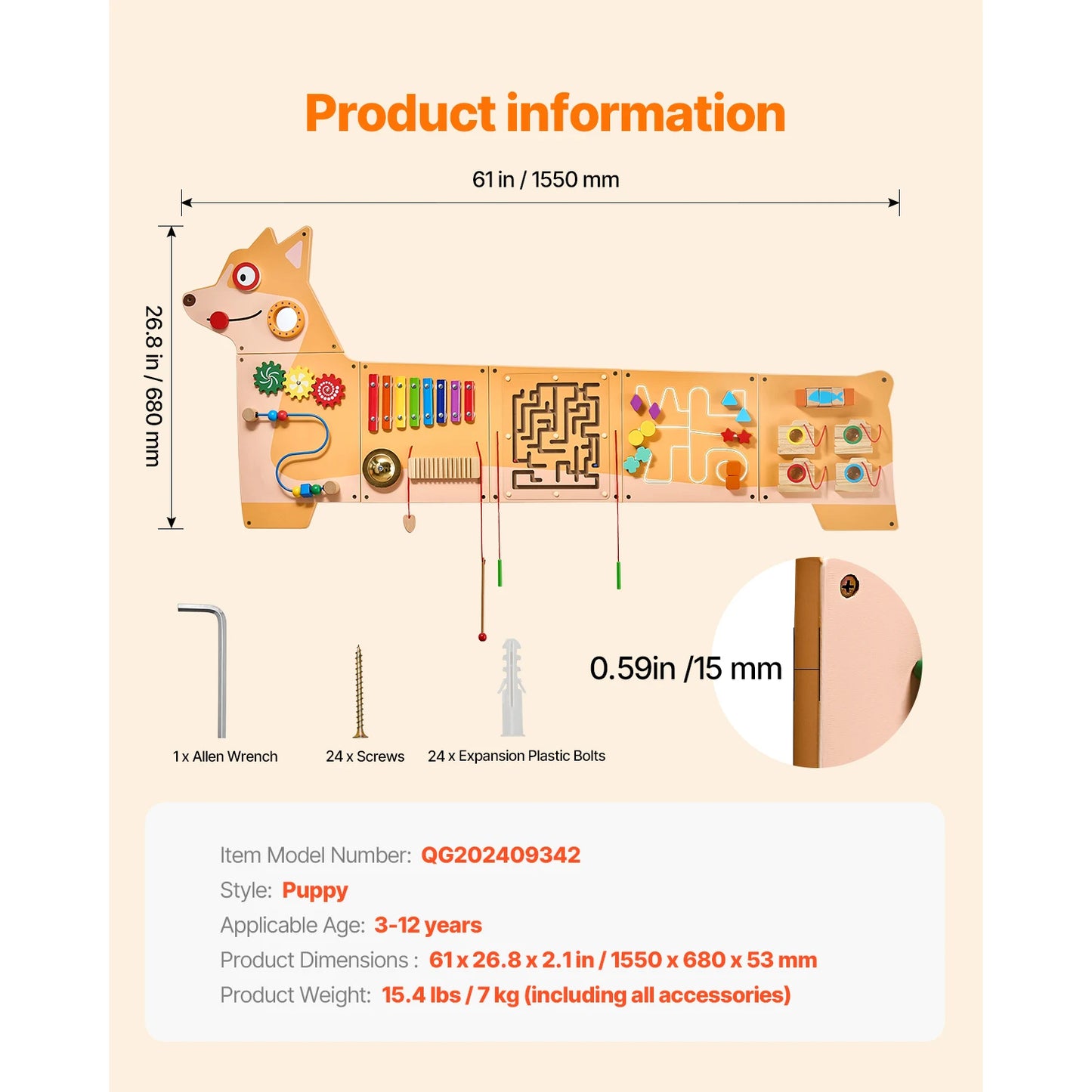 SucceBuy Puppy Kids Wall Busy Panels 12 Activities Board Montessori Sensory Learning Activity Center for Children Playroom Toys