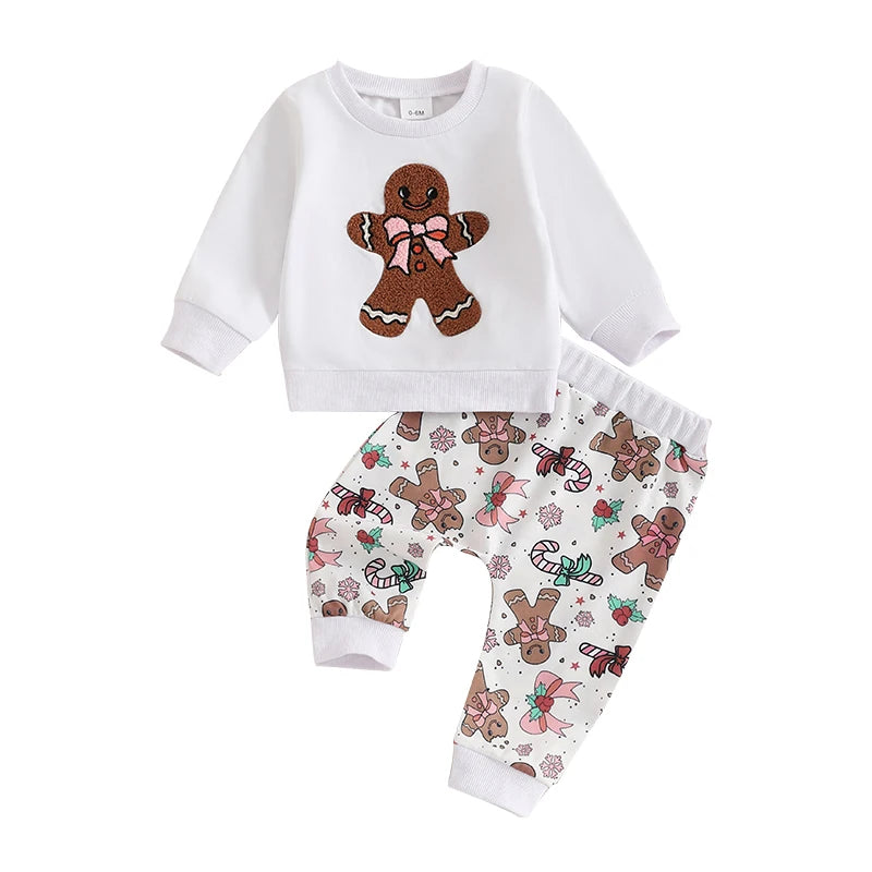 Toddler Girl Boy Christmas Outfits Embroidery Long Sleeve Sweatshirt with Gingerbread Man Print Pants Set