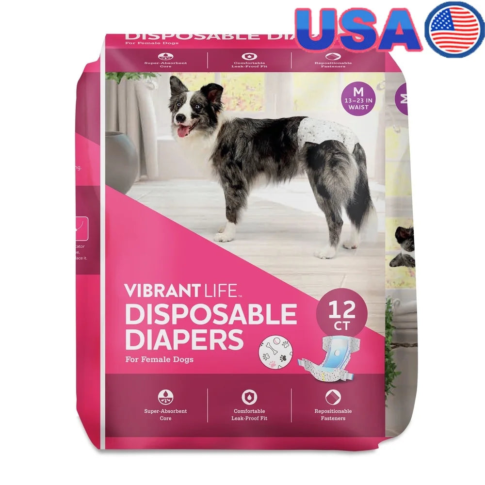 Disposable Dog Diapers Female Dogs Medium 12 Count Super Absorbent Leak Proof Fit with Wetness Indicator Adjustable Tabs