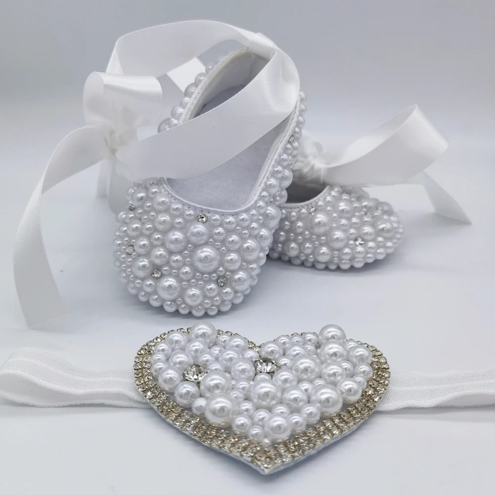 Dollbling Handmade White Pearls Bling Rhinestone Baby Crib Shoes Christening Outfit Wedding Sparkle Organza Baptism 0-3m Shoes
