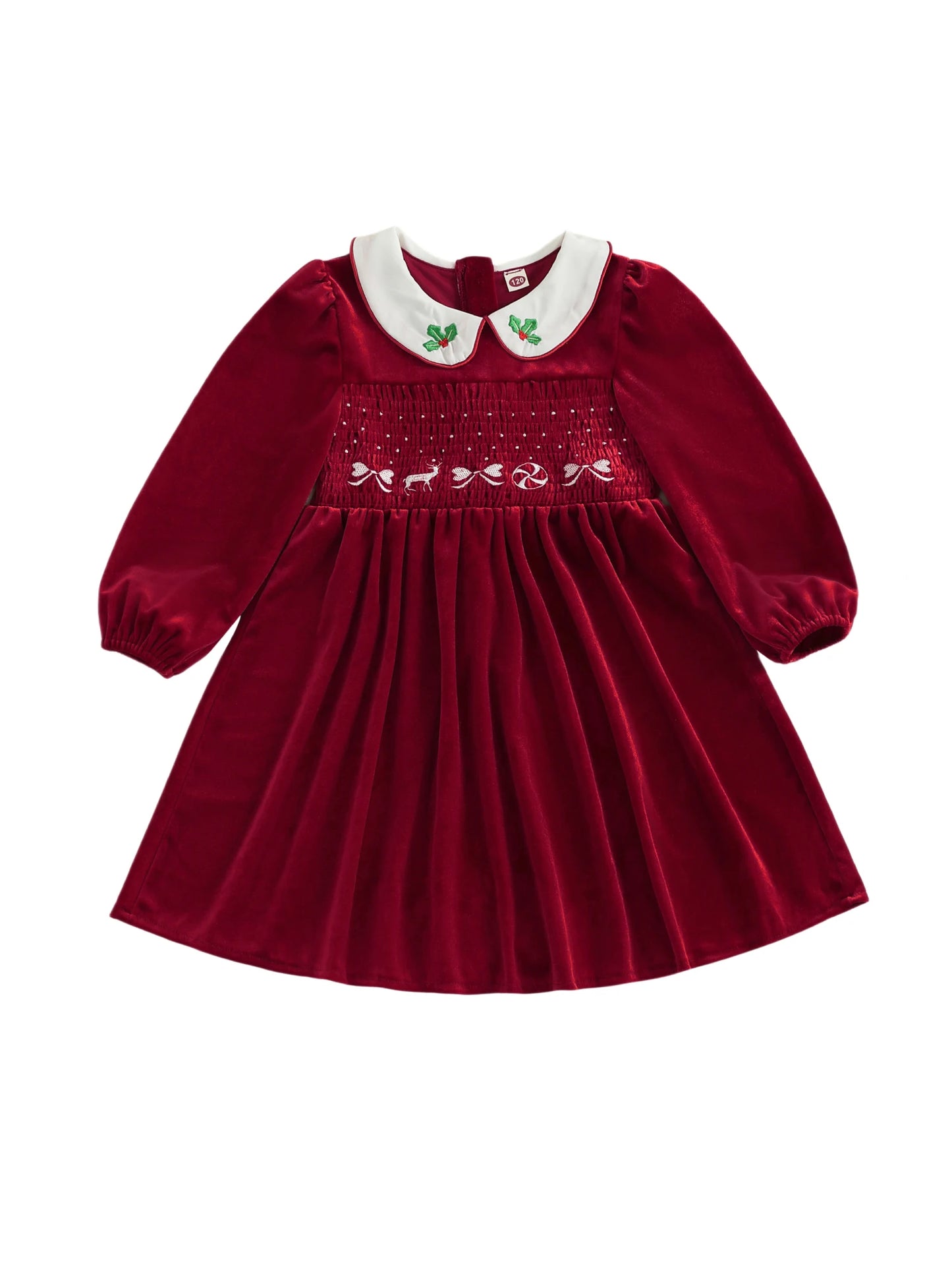 Toddler Red Plaid Christmas Dress with Bow and Reindeer Embroidery Smocked Long Sleeve Doll Collar Winter Outfit Adorable