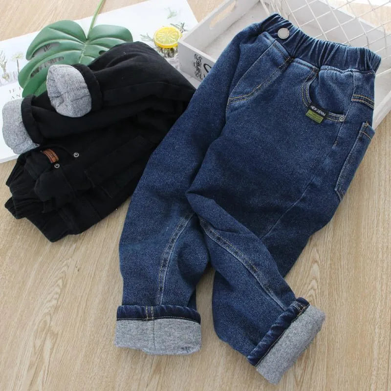 Children's Winter Warm Jeans Solid Plus Velvet Elastic Waist Kid Boy Haren Pants Vintage Soft Cotton Toddler Boy Carrot Trousers