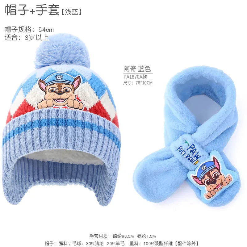 2-3PCS/SET Genuine PAW PATROL Winter Hat Glove Scarf SET Cute Cartoon Skye Chase Boys Girls Baby Cap Christmas Gifts