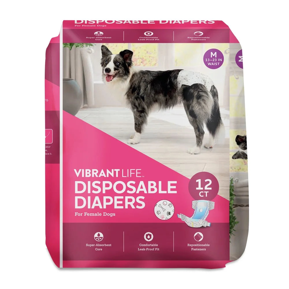 Disposable Dog Diapers Female Dogs Medium 12 Count Super Absorbent Leak Proof Fit with Wetness Indicator Adjustable Tabs
