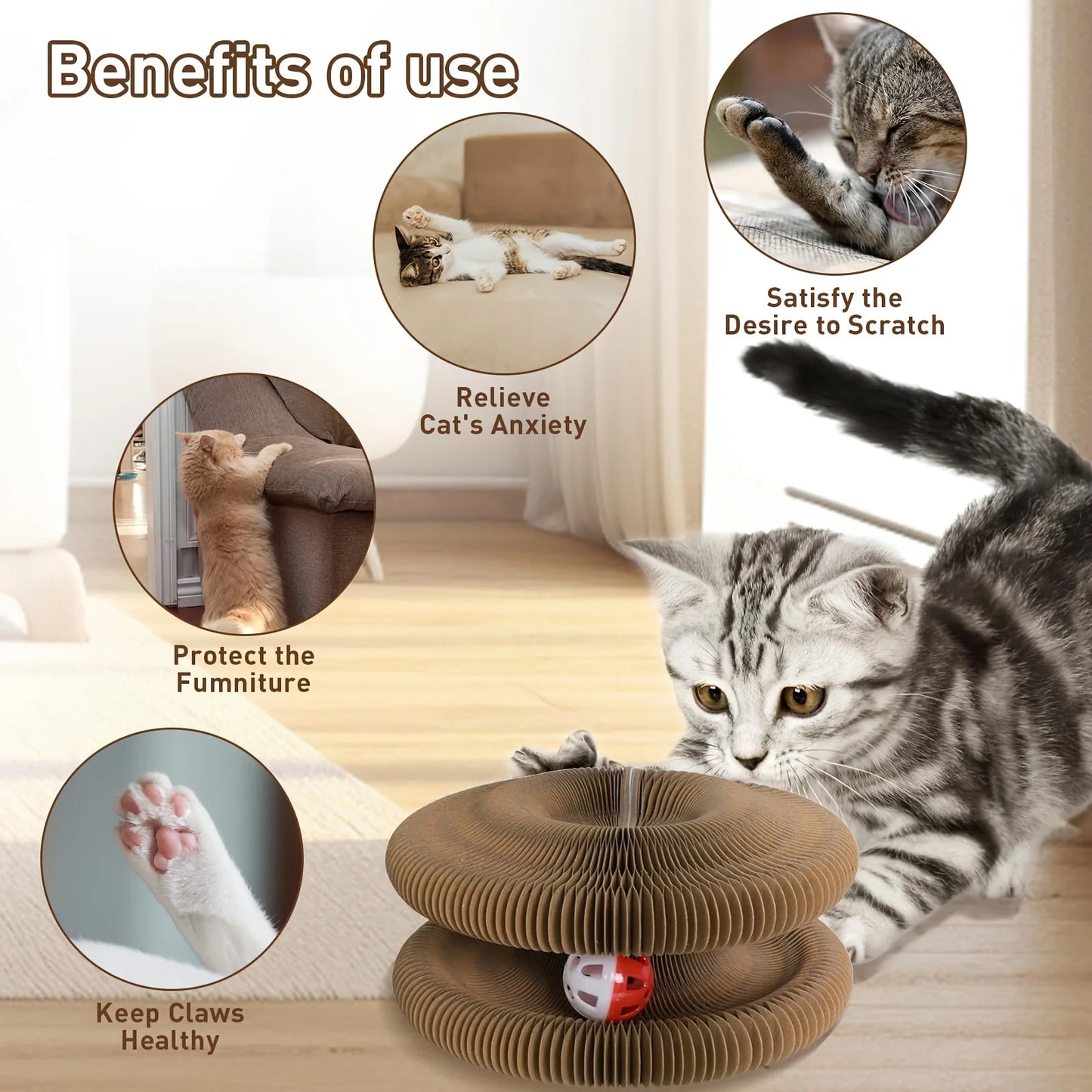 Kitty Curlz Cat Scratching Board (1/2pcs) – Foldable, Recyclable,Scratch-Resistant Toy with Ball for Fun Interactive Indoor Play