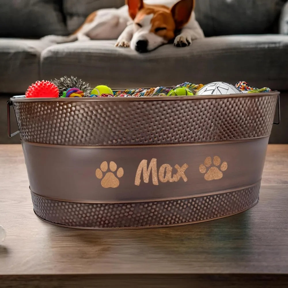 Personalized Metal Dog Toy Bin - Copper Galvanized Storage Bin with Handles, Basket for Pet Toys, Dog Toy Box, Pet Storage - Cus