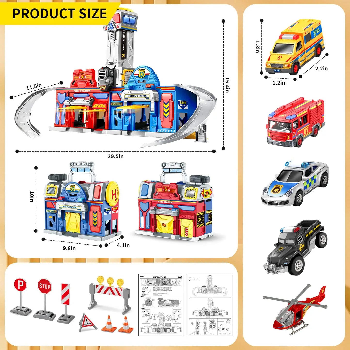 Kids Toys 29.5'' Large City Action Rescue Vehicle Toddler Police Fire Station Transform Track with 4 Cars Helicopter Gifts for3+