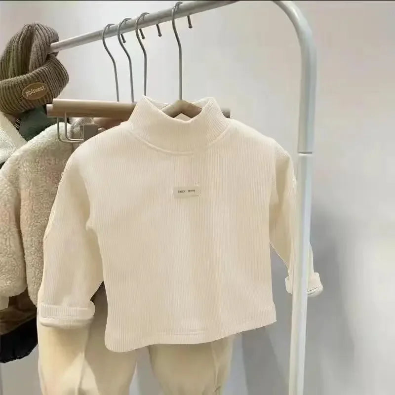 Autumn Winter Unisex Children Velvet T-Shirt Solid Warm Half High Collar Long Sleeve Base Shirt