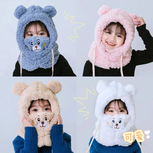 Children's Winter Hat Neck One - Piece Plush Cap with Cute Bear Design, Ear - Protection & Face Cover, for Boys & Girls