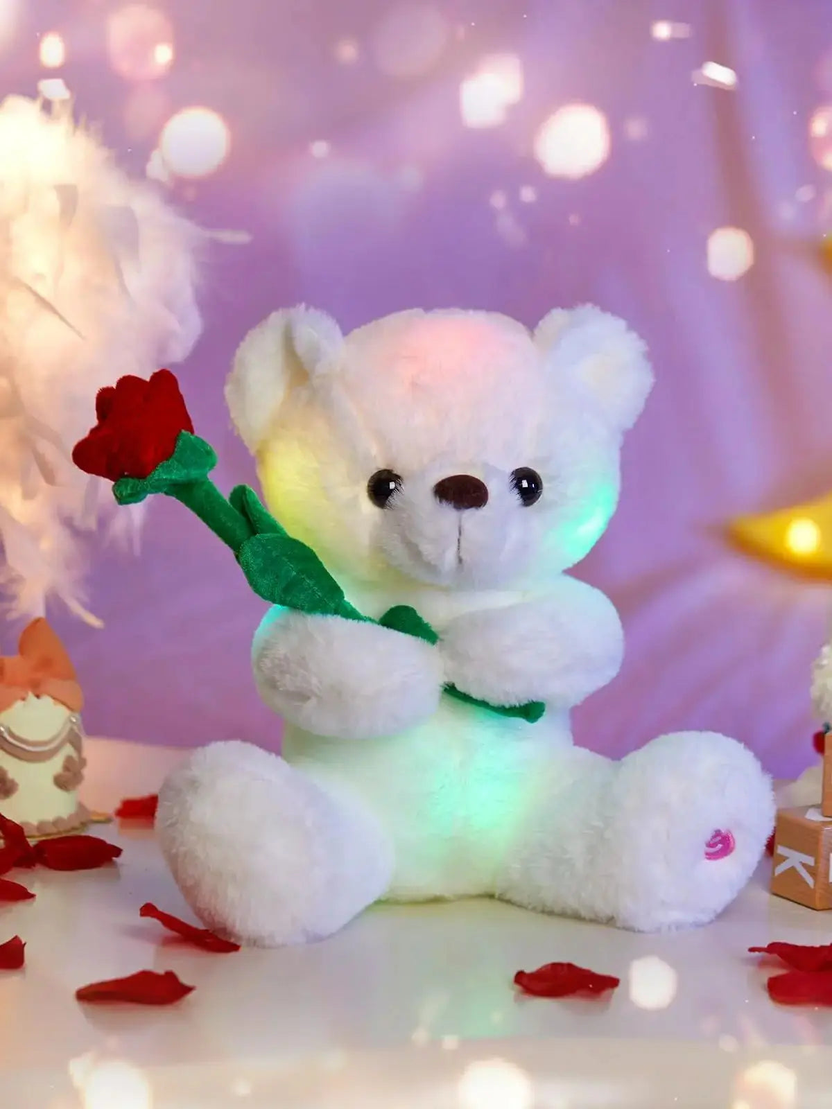 Glow White Teddy Bear with Rose Stuffed Animal Soft Light Up Plush Toy LED Night Lights Birthday Holiday Gifts for Kids Toddler