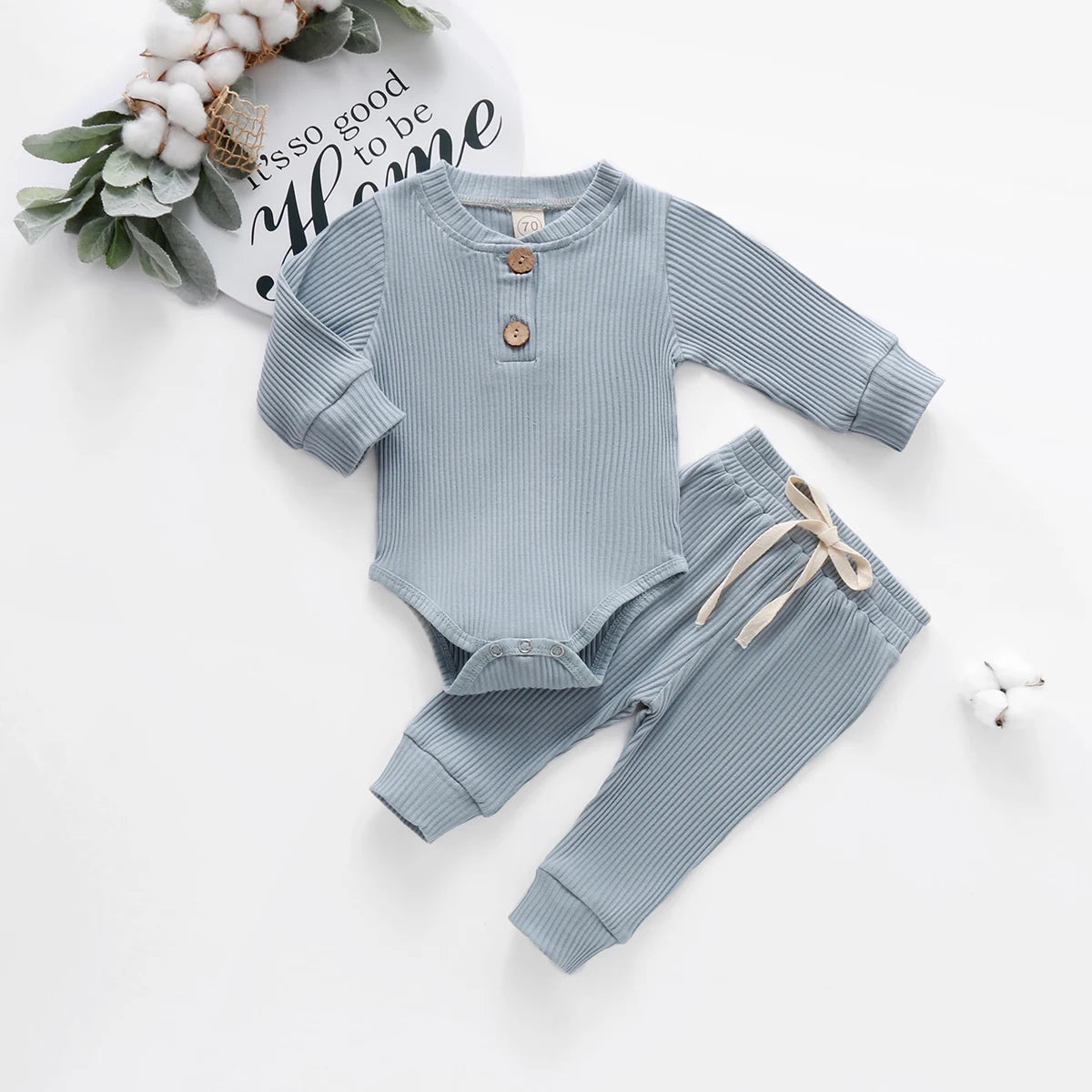 Spring Autumn Newborn Infant 2PCs Clothes Set for Boys & Girls Ribbed/Plaid/Solid Long Sleeve Bodysuit + Elastic Pants