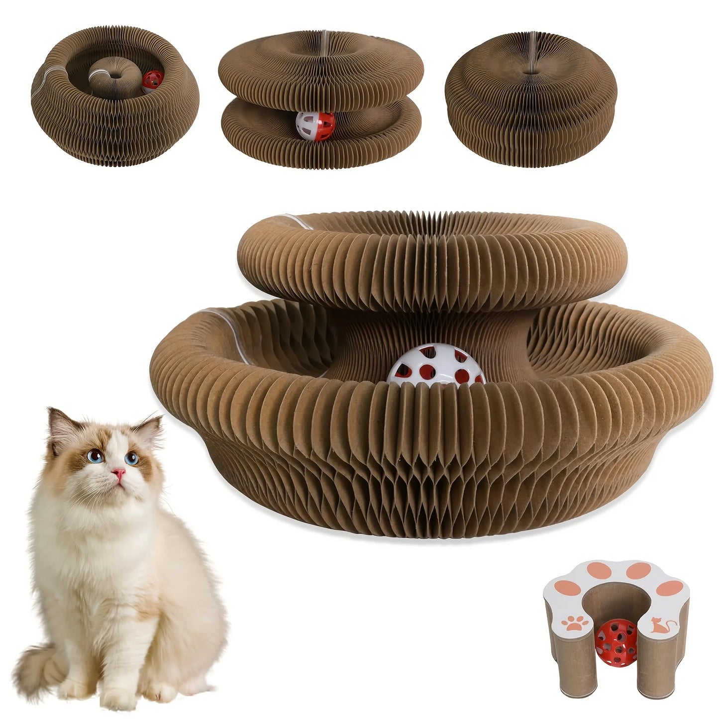 Kitty Curlz Cat Scratching Board (1/2pcs) – Foldable, Recyclable,Scratch-Resistant Toy with Ball for Fun Interactive Indoor Play