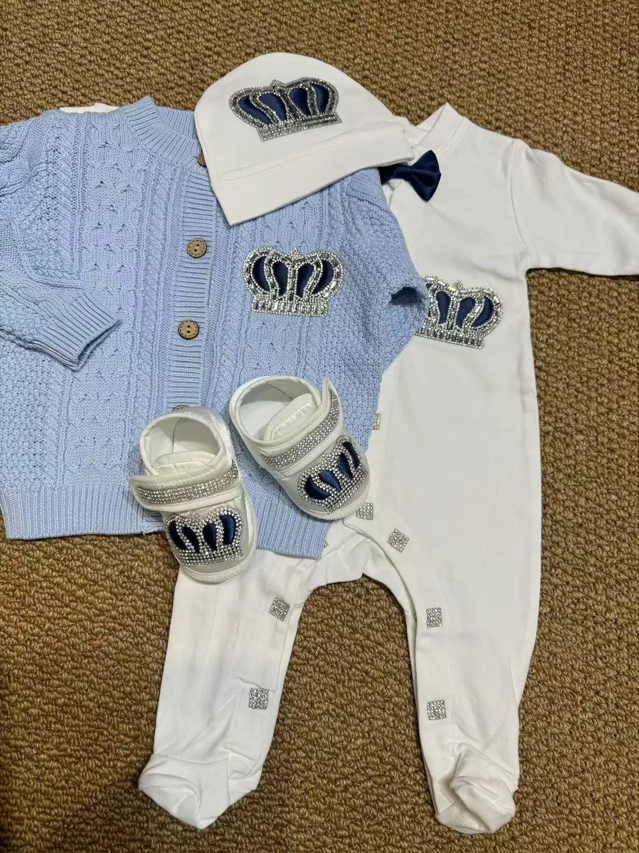 White Baptism Baby Coming Home Hospital Outfit Cotton Romper Knitted Back pants Receiving Blanket Swaddle Gift Set