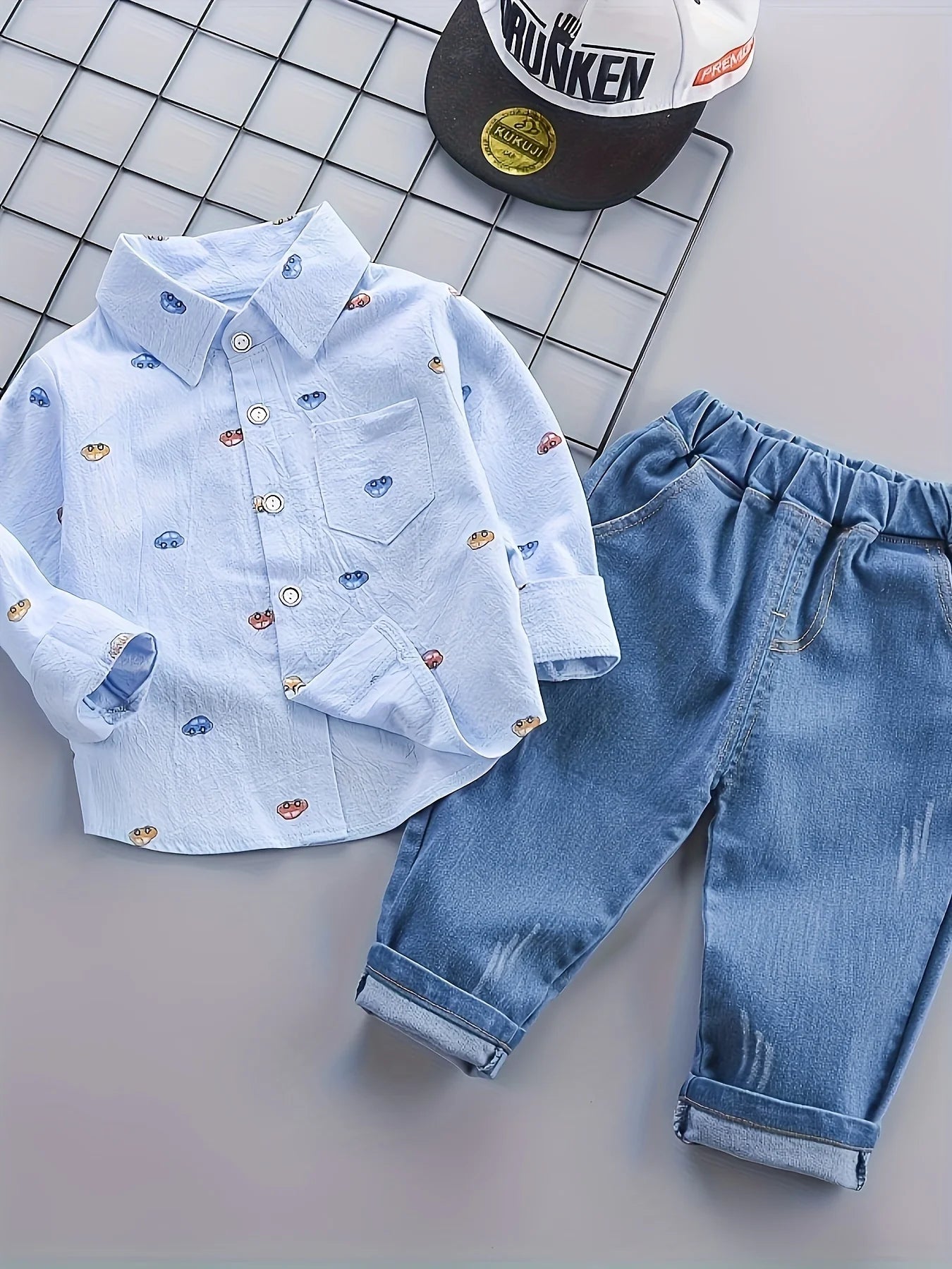 Boys' Spring and Autumn New Fashionable Casual Car Shirt, Boys' Baby Jeans Two Piece Set