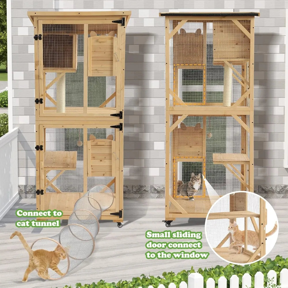 Multi-Level Outdoor Cat Enclosure with Window Access, Portable Indoor Cat House, Removable Floor for Large Cats